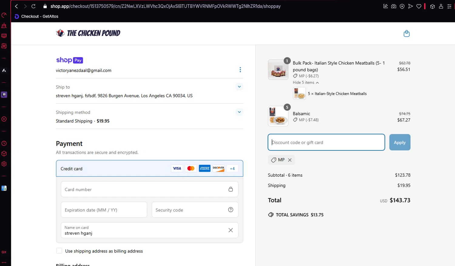 The Chicken Pound promo code screenshot showing code MP applied at The Chicken Pound checkout page. Uploaded by SimplyCodes community member BitPay on Mar 20, 2025
