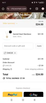 chic25 coupon verification screenshot