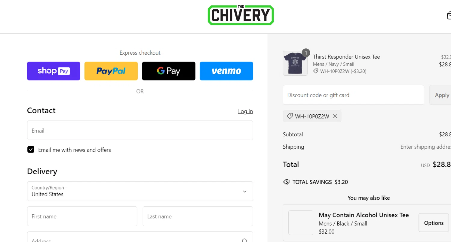 The Chivery promo code screenshot showing code WH-10P0Z2W applied at The Chivery checkout page. Uploaded by SimplyCodes community member enzoonova on Mar 1, 2025