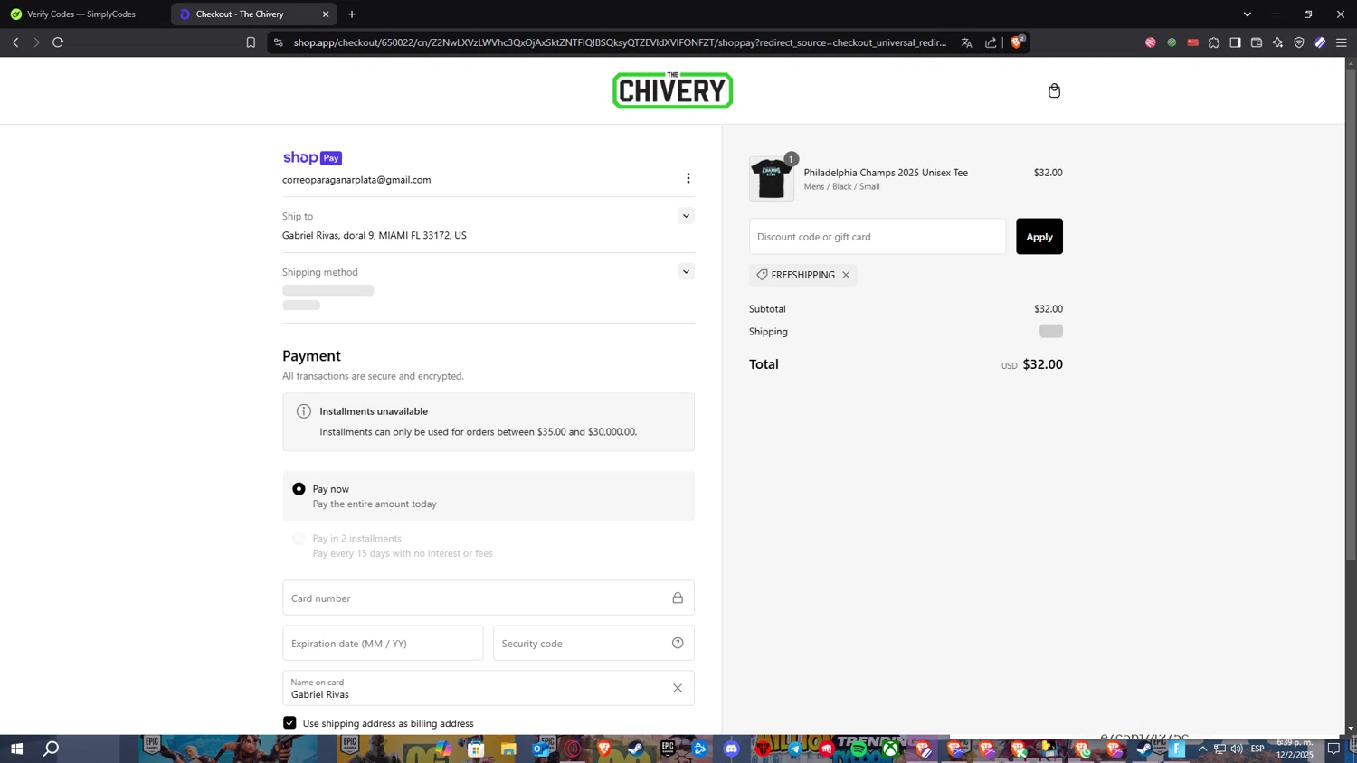 The Chivery promo code screenshot showing code FREESHIPPING applied at The Chivery checkout page. Uploaded by SimplyCodes community member ElPelao on Feb 12, 2025