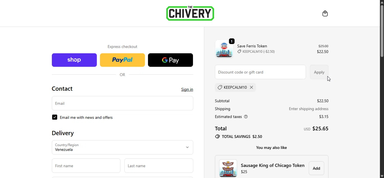 The Chivery promo code screenshot showing code KEEPCALM10 applied at The Chivery checkout page. Uploaded by SimplyCodes community member LuckyPioneer1027 on Oct 19, 2025