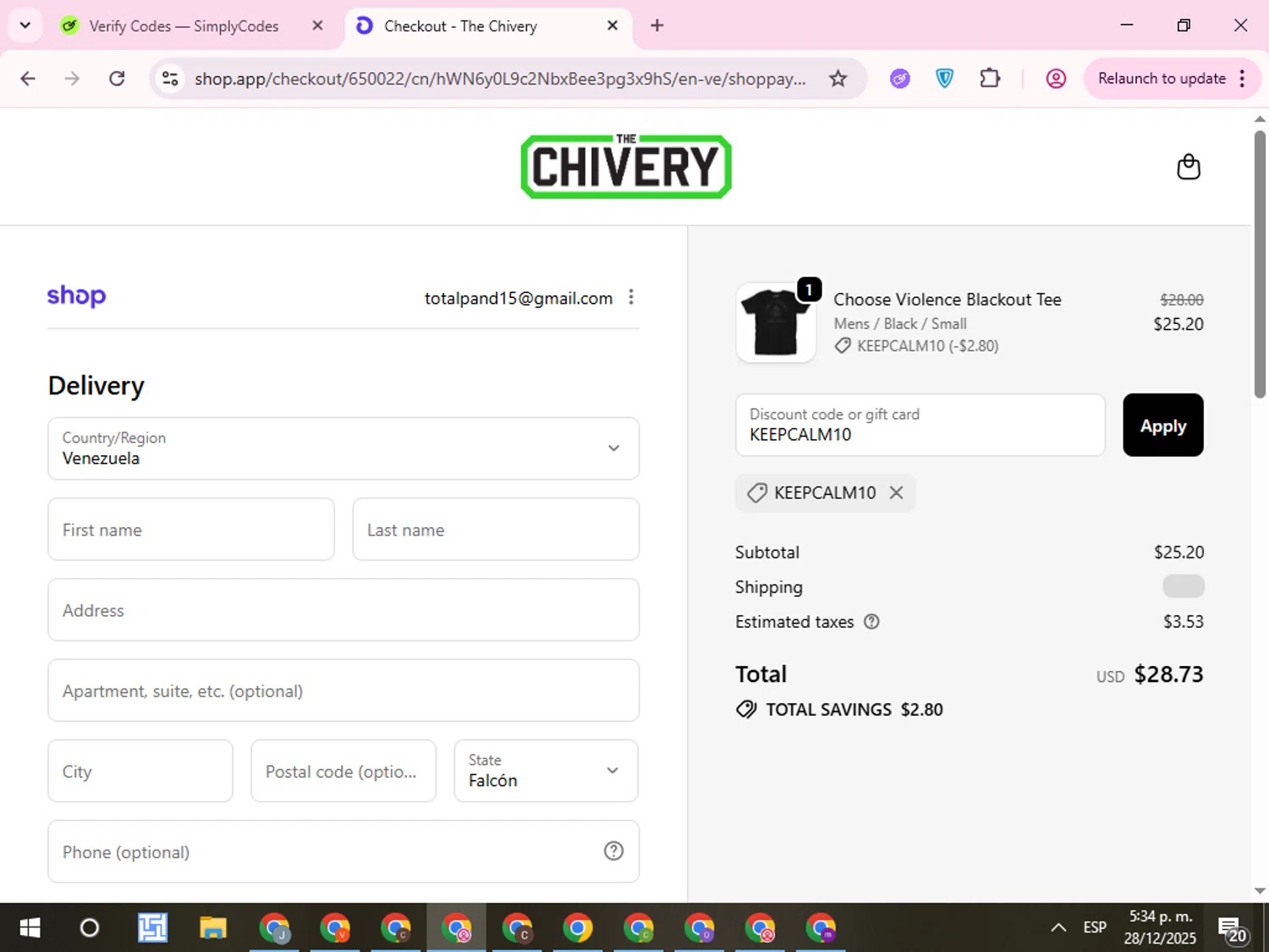 The Chivery promo code screenshot showing code KEEPCALM10 applied at The Chivery checkout page. Uploaded by SimplyCodes community member QuestCurator1644 on Dec 28, 2025