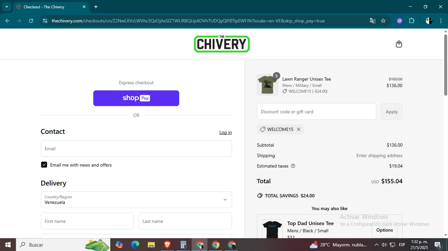 The Chivery promo code screenshot showing code WELCOME15 applied at The Chivery checkout page. Uploaded by SimplyCodes community member CleverSage9163 on May 21, 2025