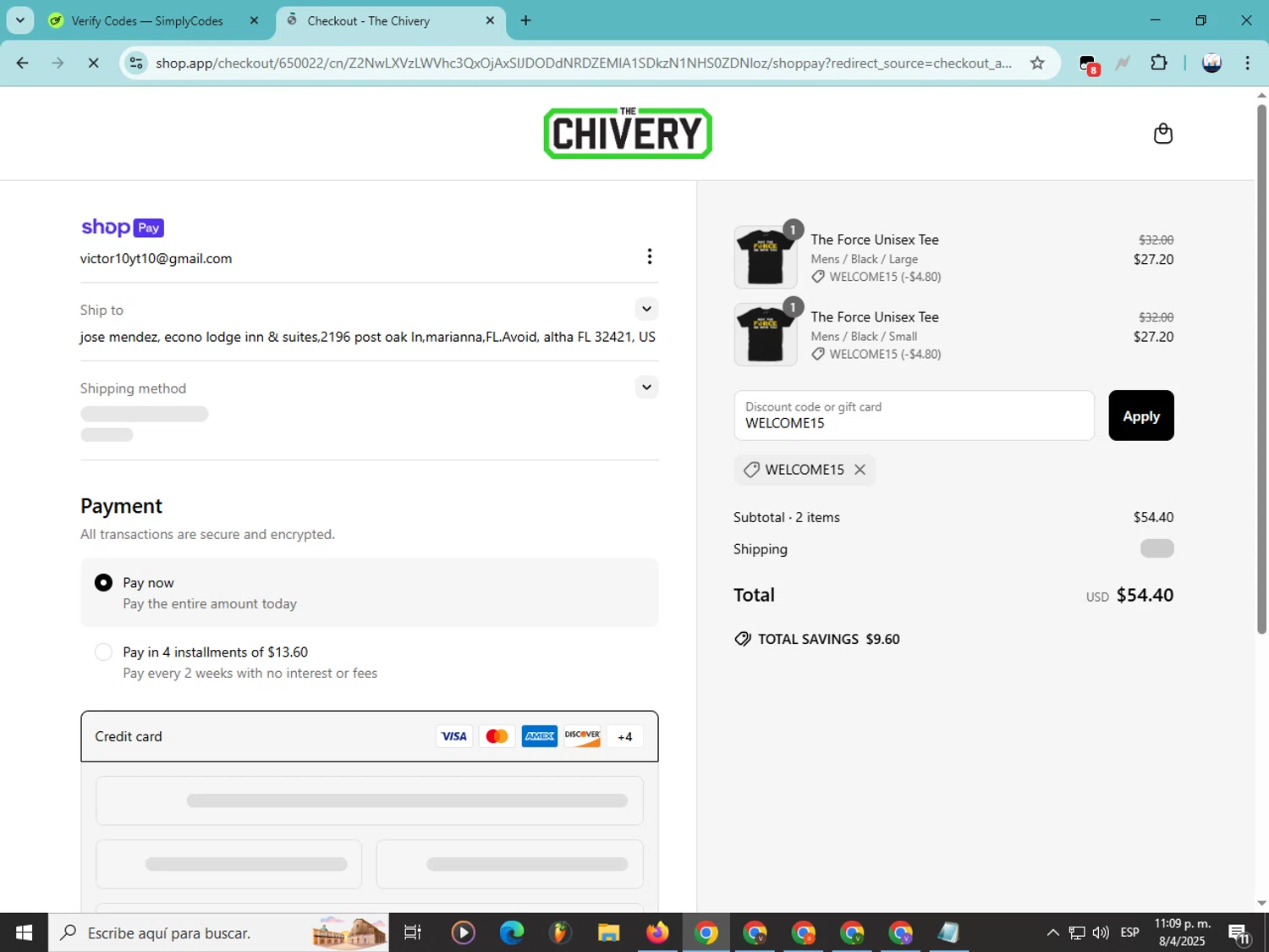 The Chivery promo code screenshot showing code WELCOME15 applied at The Chivery checkout page. Uploaded by SimplyCodes community member Soyvictor on Apr 9, 2025