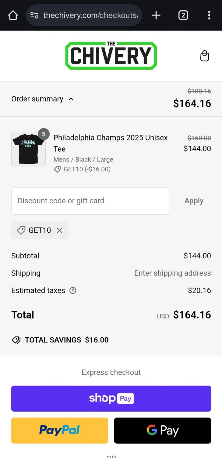 The Chivery promo code screenshot showing code Get10 applied at The Chivery checkout page. Uploaded by SimplyCodes community member ComeBurra123 on Feb 12, 2025