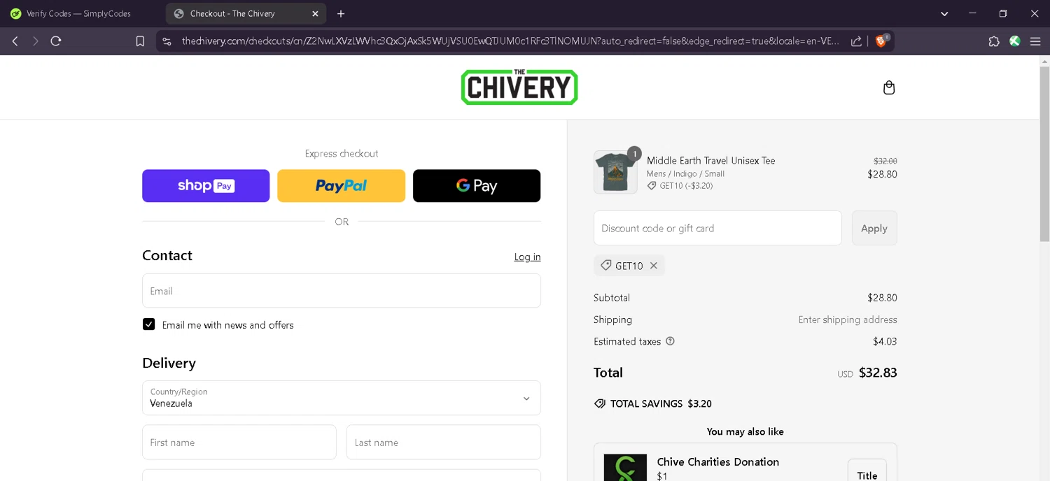 The Chivery promo code screenshot showing code Get10 applied at The Chivery checkout page. Uploaded by SimplyCodes community member Estefani4 on Mar 8, 2025