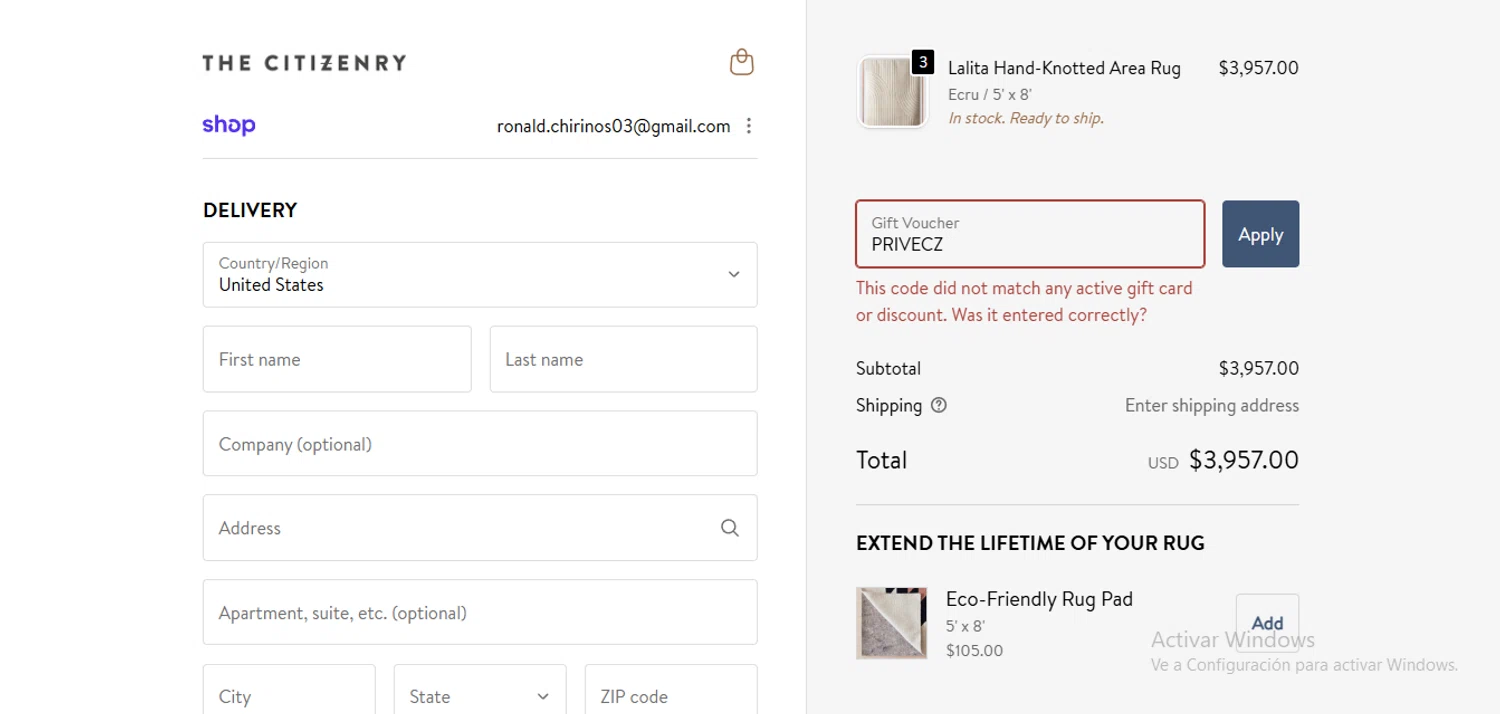 The Citizenry promo code screenshot showing code PRIVECZ applied at The Citizenry checkout page. Uploaded by SimplyCodes community member ValiantMaverick169 on Jan 18, 2026
