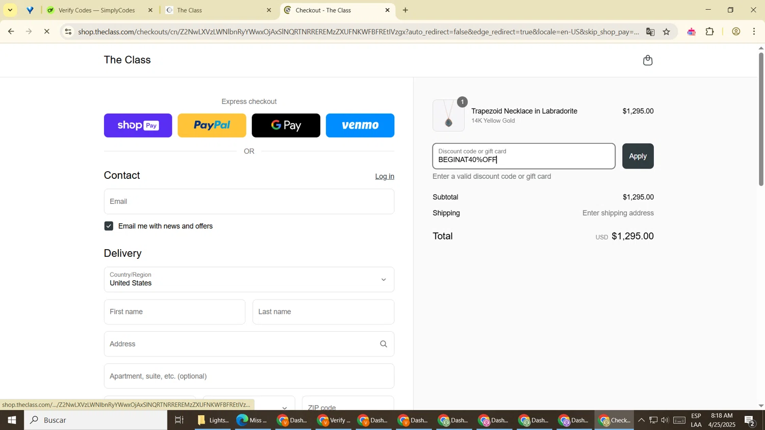 The Class promo code screenshot showing code BEGINAT40%OFF applied at The Class checkout page. Uploaded by SimplyCodes community member ShrewdDefender8007 on Apr 25, 2025