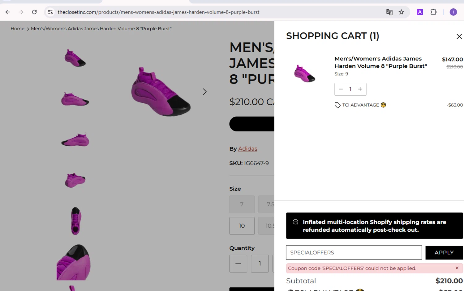 The Closet Inc promo code screenshot showing code SPECIALOFFERS applied at The Closet Inc checkout page. Uploaded by SimplyCodes community member SilverVirtuoso5948 on Jan 23, 2025