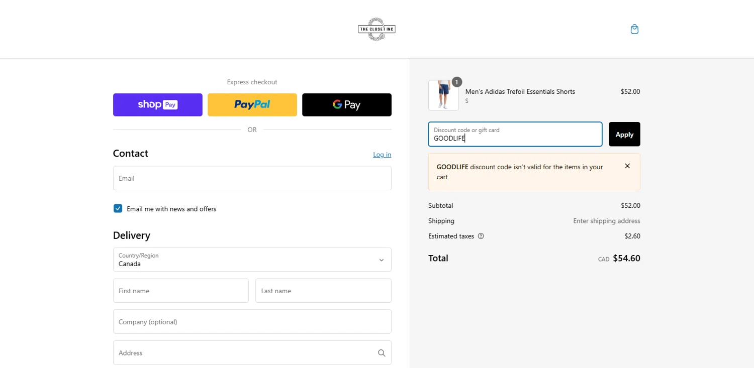 The Closet Inc promo code screenshot showing code GOODLIFE applied at The Closet Inc checkout page. Uploaded by SimplyCodes community member dimitriv on Feb 5, 2025