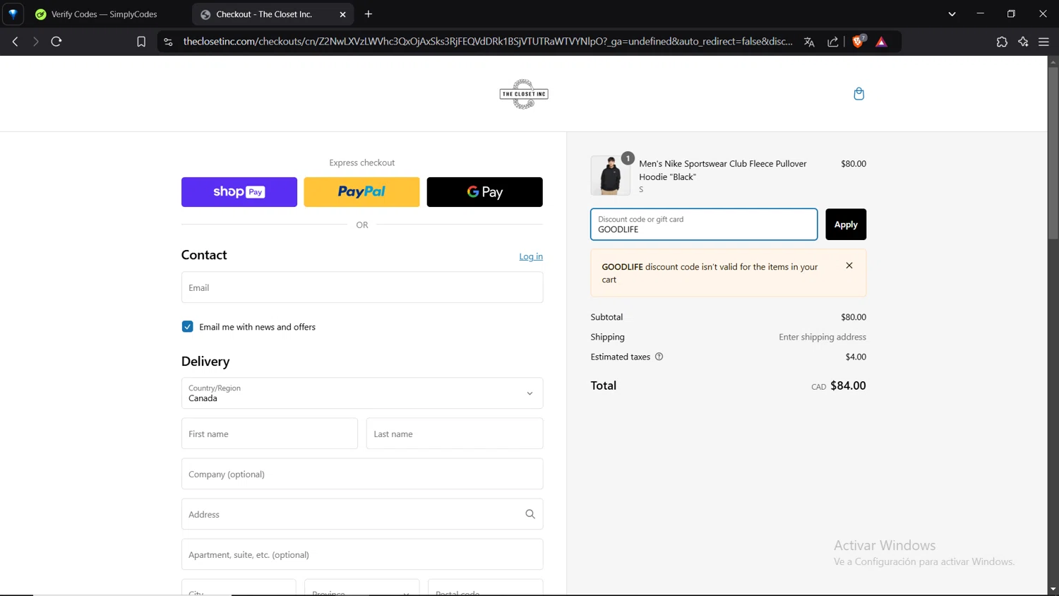 The Closet Inc promo code screenshot showing code GOODLIFE applied at The Closet Inc checkout page. Uploaded by SimplyCodes community member VoucherShopper4674 on Feb 4, 2025