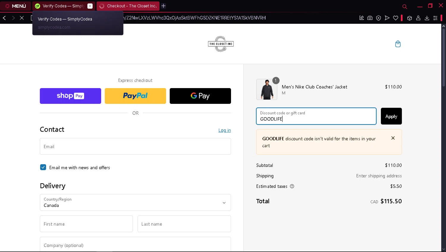 The Closet Inc promo code screenshot showing code GOODLIFE applied at The Closet Inc checkout page. Uploaded by SimplyCodes community member fuguettt on Feb 5, 2025