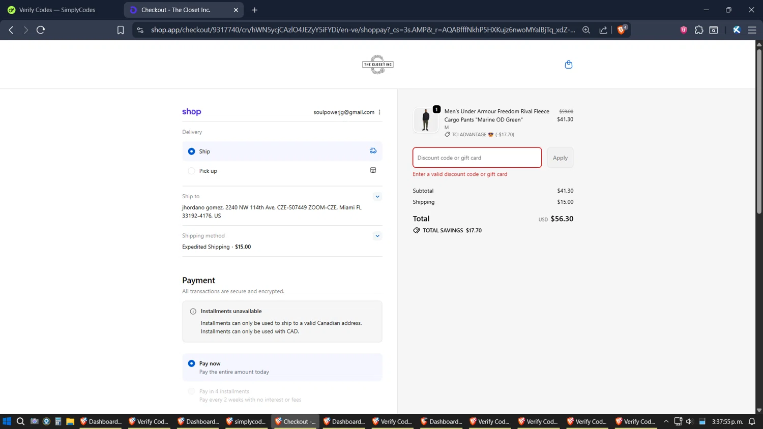 The Closet Inc promo code screenshot showing code BFCM applied at The Closet Inc checkout page. Uploaded by SimplyCodes community member SoulPower on Dec 2, 2025