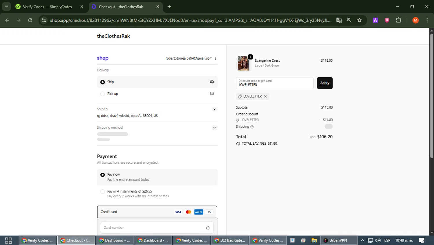 TheClothesRak checkout page showing TheClothesRak promo code box | Screenshot taken by SimplyCodes community member on Feb 17, 2026