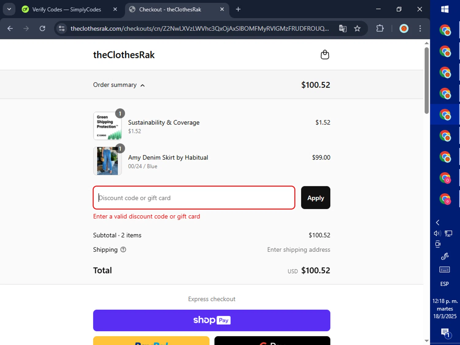 TheClothesRak promo code screenshot showing code prez25 applied at TheClothesRak checkout page. Uploaded by SimplyCodes community member GoldPilot5958 on Mar 18, 2025