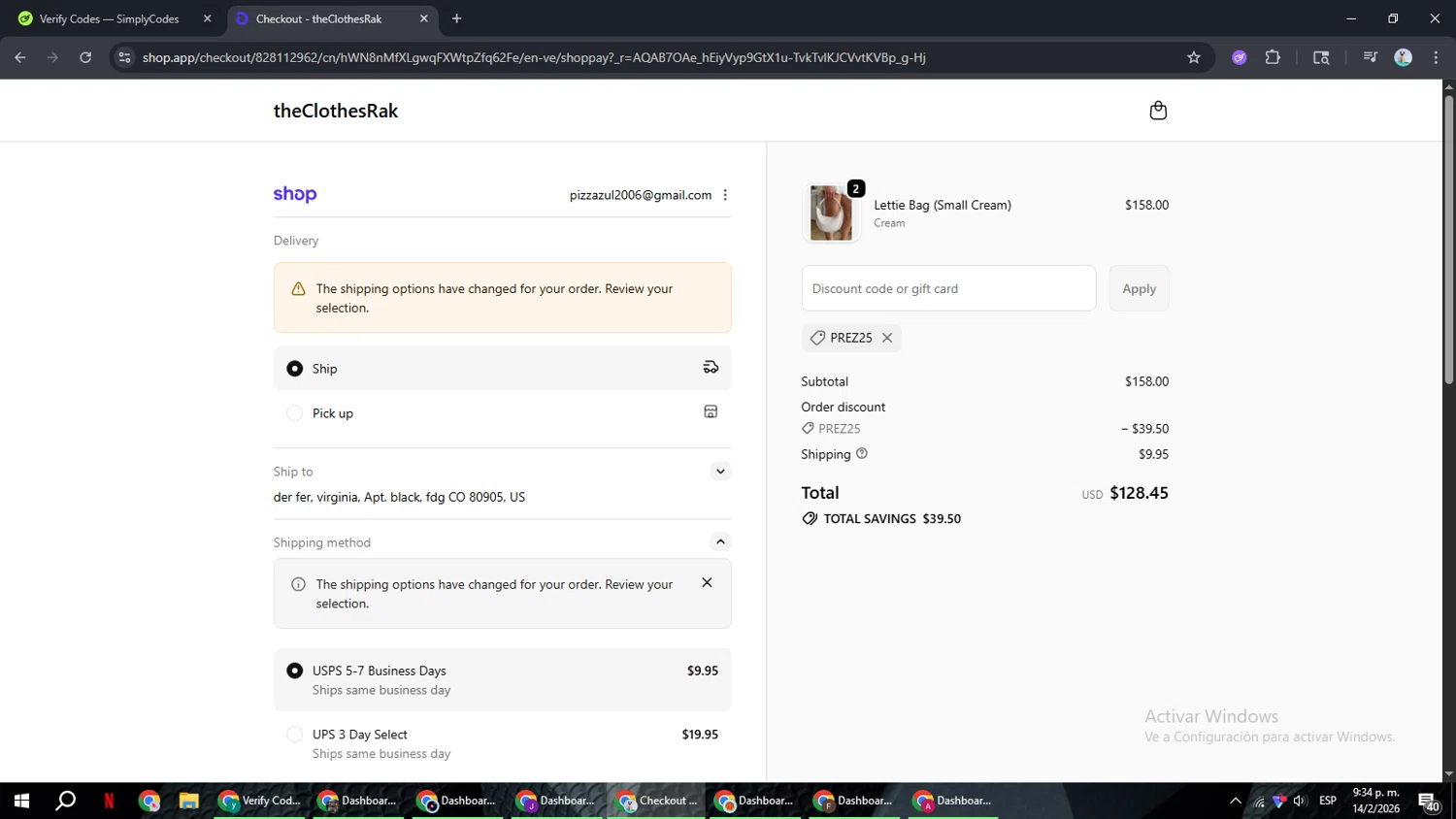 TheClothesRak promo code screenshot showing code prez25 applied at TheClothesRak checkout page. Uploaded by SimplyCodes community member ShrewdSeeker6165 on Feb 15, 2026