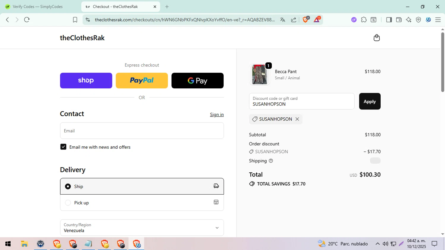 TheClothesRak promo code screenshot showing code SUSANHOPSON applied at TheClothesRak checkout page. Uploaded by SimplyCodes community member ExtraordinarySeeker8039 on Dec 10, 2025