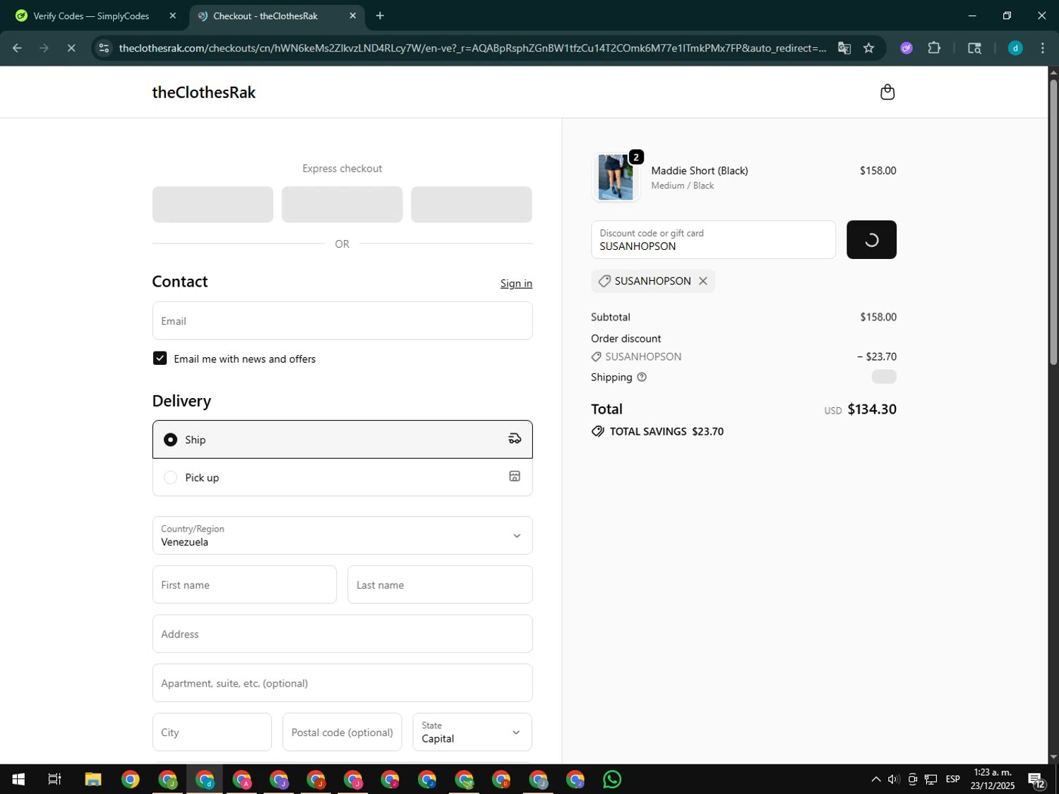 TheClothesRak promo code screenshot showing code SUSANHOPSON applied at TheClothesRak checkout page. Uploaded by SimplyCodes community member GloriousTiger3507 on Dec 23, 2025
