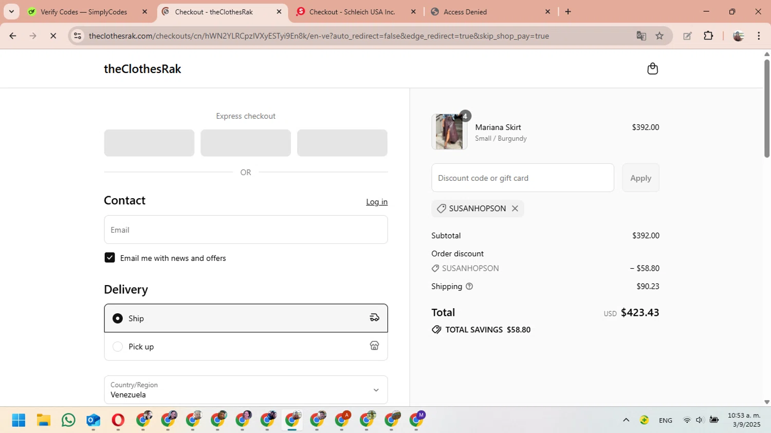 TheClothesRak promo code screenshot showing code SUSANHOPSON applied at TheClothesRak checkout page. Uploaded by SimplyCodes community member MariAPB on Sep 3, 2025