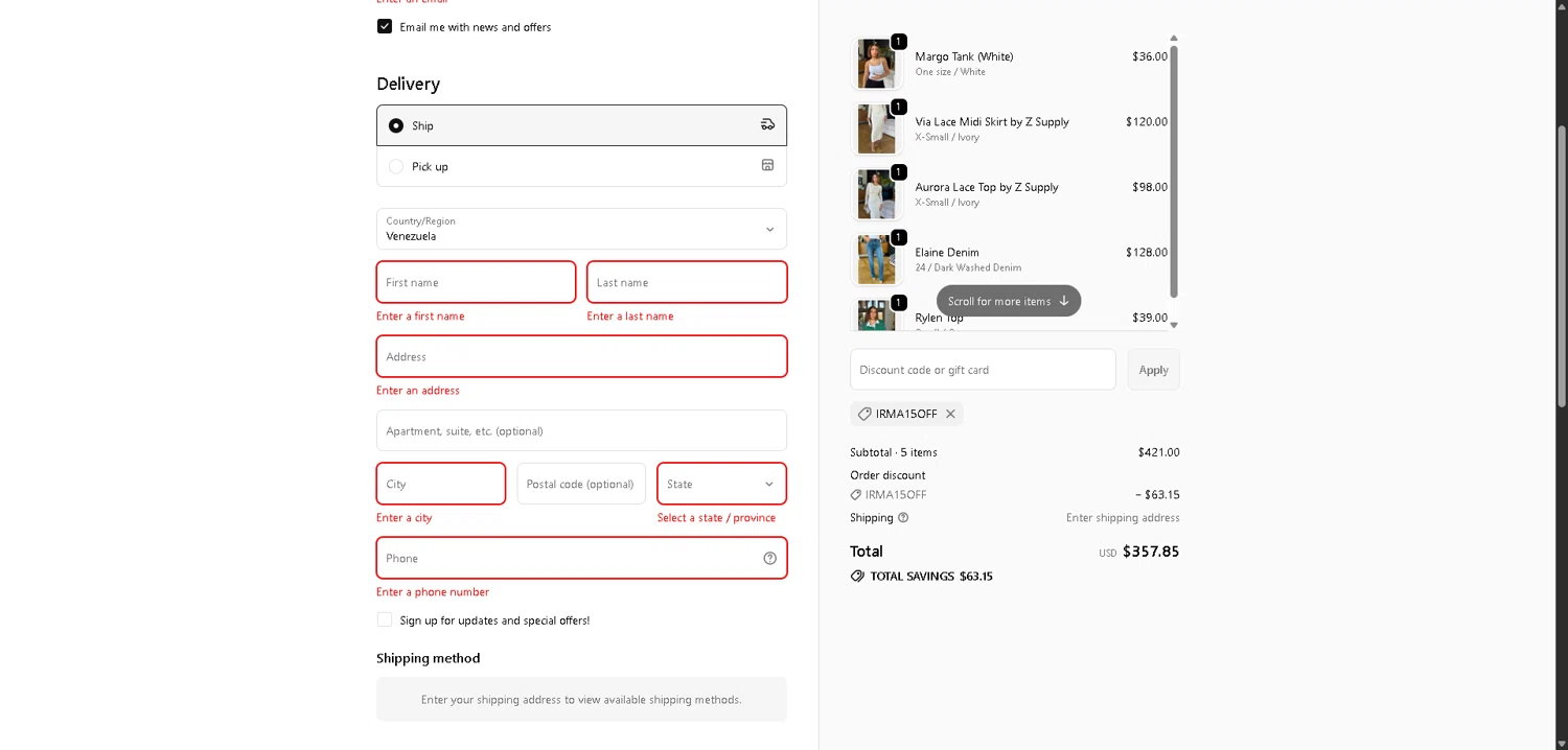 TheClothesRak promo code screenshot showing code Irma15off applied at TheClothesRak checkout page. Uploaded by SimplyCodes community member BargainCurator5453 on Dec 8, 2025