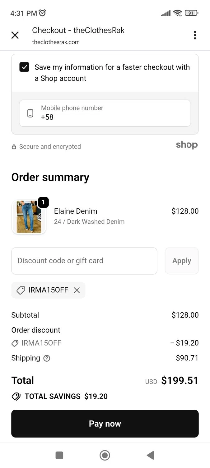TheClothesRak promo code screenshot showing code Irma15off applied at TheClothesRak checkout page. Uploaded by SimplyCodes community member geralddiaz on Dec 8, 2025