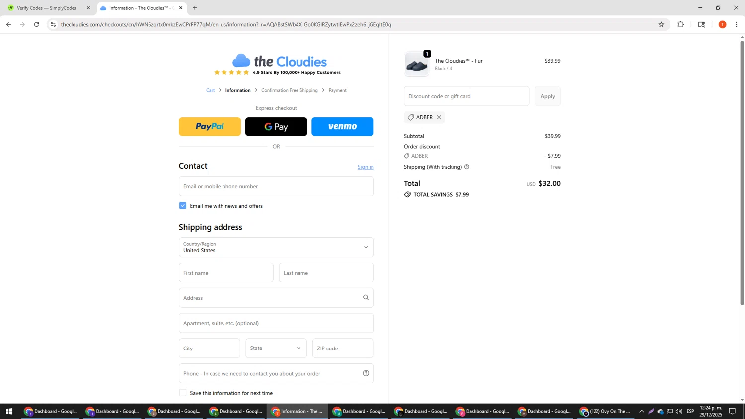 The Cloudies coupon code screenshot showing code ADBER applied at The Cloudies checkout page. Uploaded by SimplyCodes community member HHHHHHH on Dec 29, 2025
