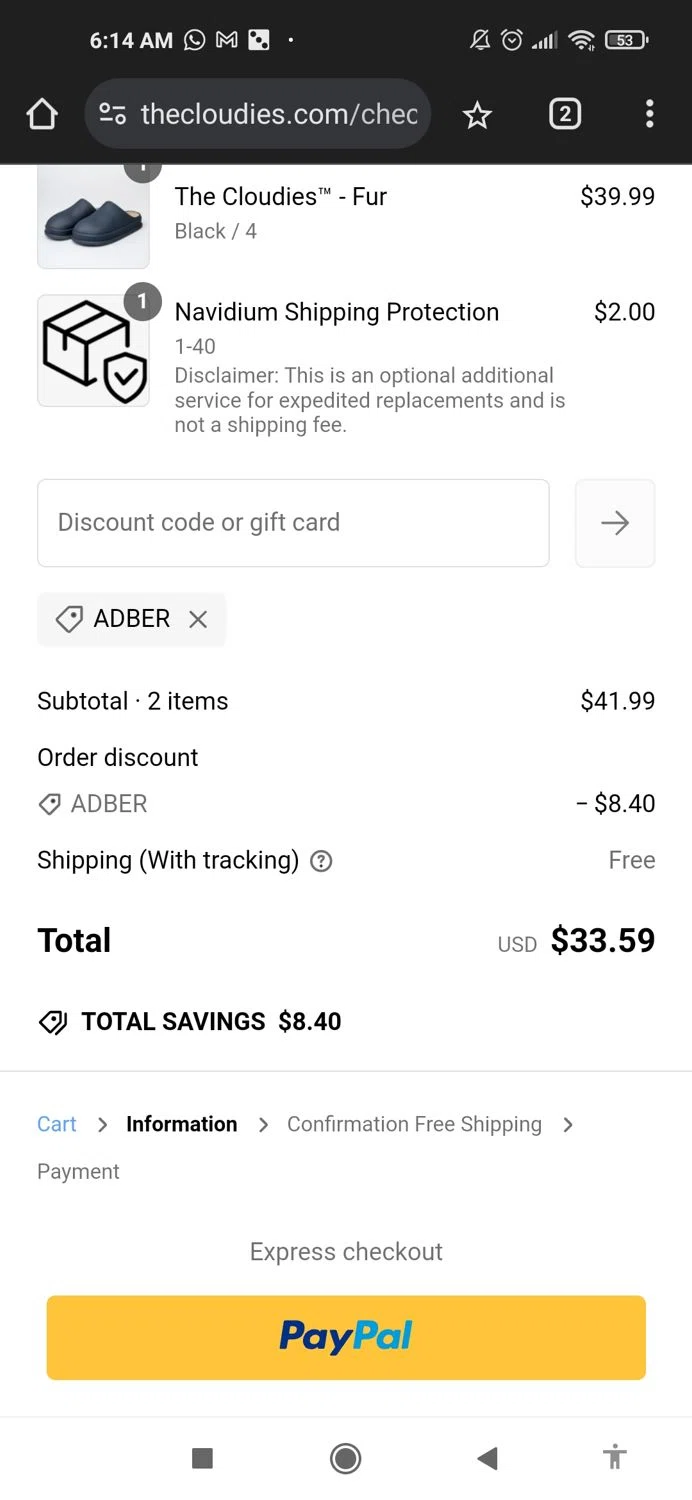The Cloudies coupon code screenshot showing code ADBER applied at The Cloudies checkout page. Uploaded by SimplyCodes community member Mujerdejunnior on Feb 11, 2025