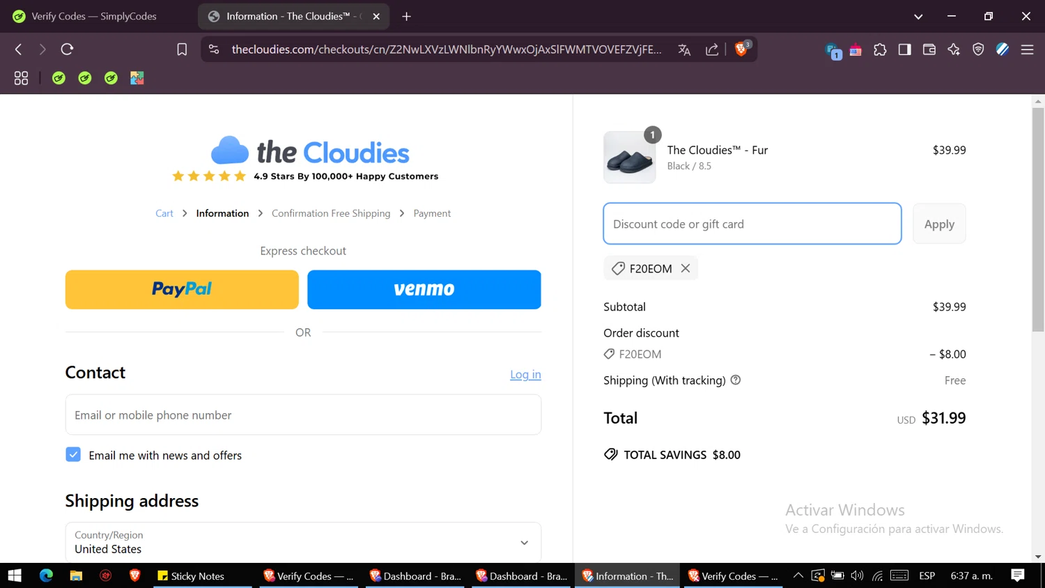 The Cloudies coupon code screenshot showing code F20EOM applied at The Cloudies checkout page. Uploaded by SimplyCodes community member VictoriousSaver2809 on Apr 2, 2025
