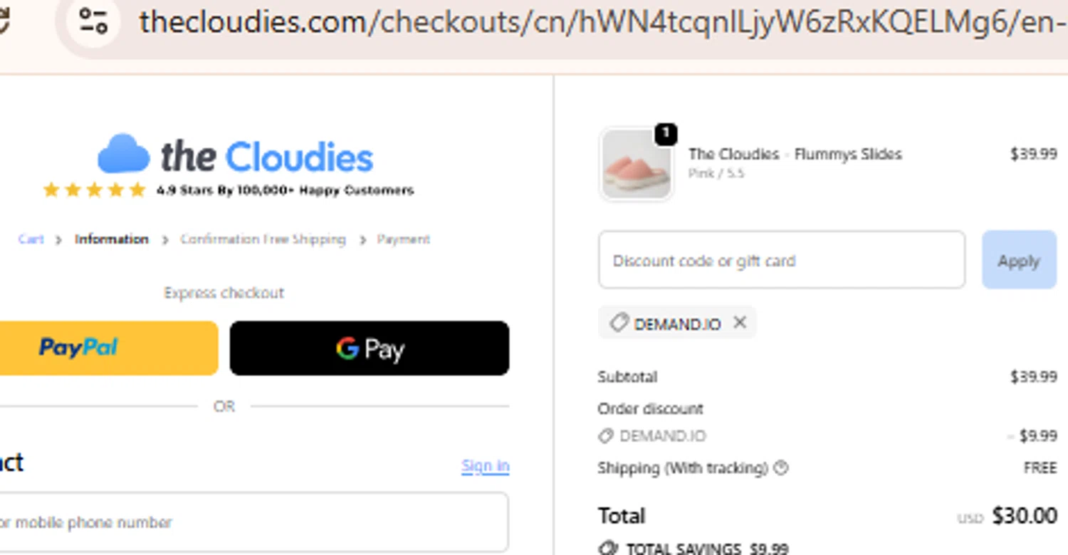 The Cloudies coupon code screenshot showing code DEMAND.IO applied at The Cloudies checkout page. Uploaded by SimplyCodes community member BudgetLion5814 on Nov 4, 2025