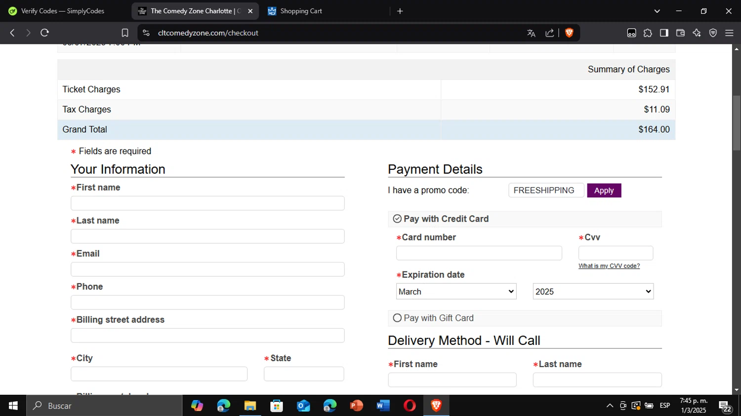 The Comedy Zone promo code screenshot showing code FREESHIPPING applied at The Comedy Zone checkout page. Uploaded by SimplyCodes community member TuAmigoRed on Mar 1, 2025