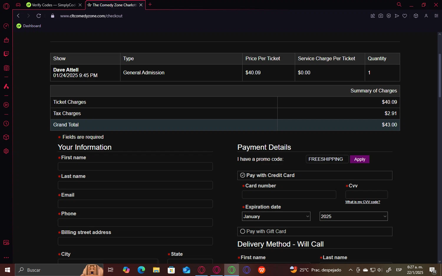 The Comedy Zone promo code screenshot showing code FREESHIPPING applied at The Comedy Zone checkout page. Uploaded by SimplyCodes community member GoldHawk6293 on Jan 22, 2025
