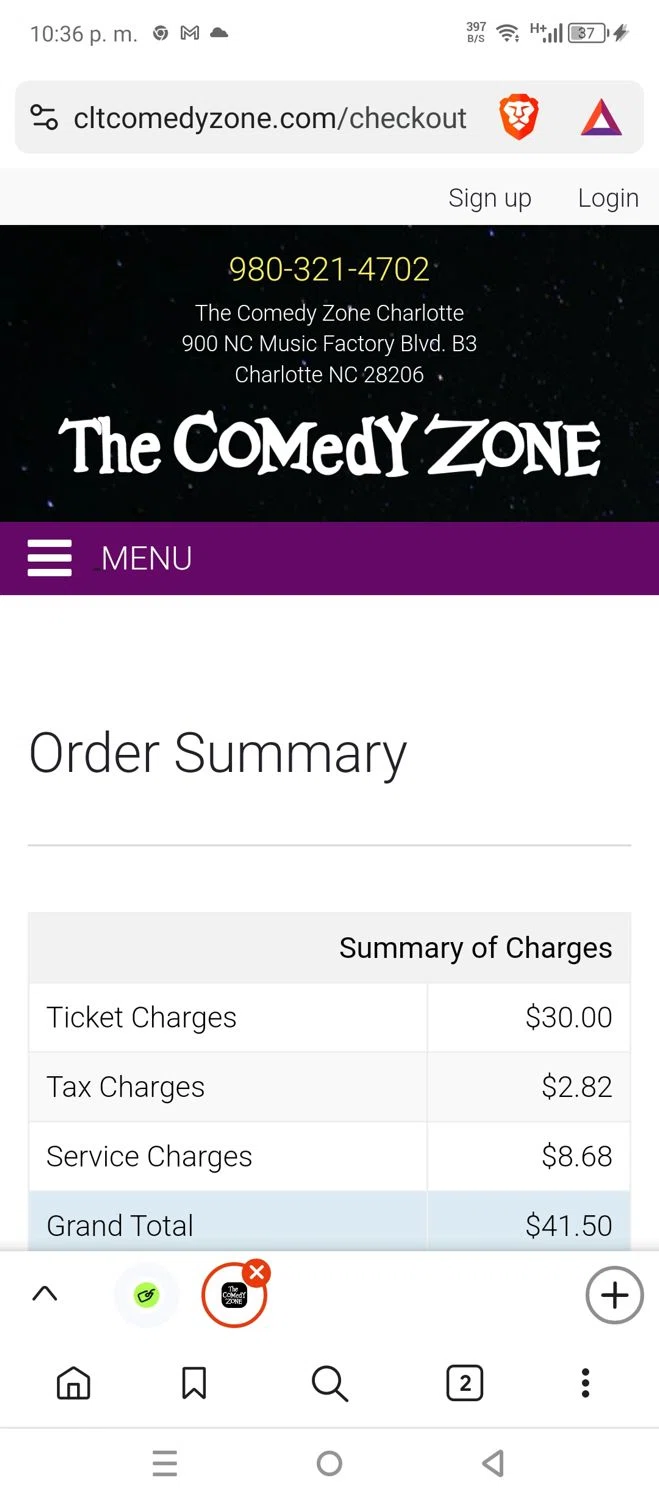 The Comedy Zone checkout page showing The Comedy Zone promo code box | Screenshot taken by SimplyCodes community member on Jan 22, 2025