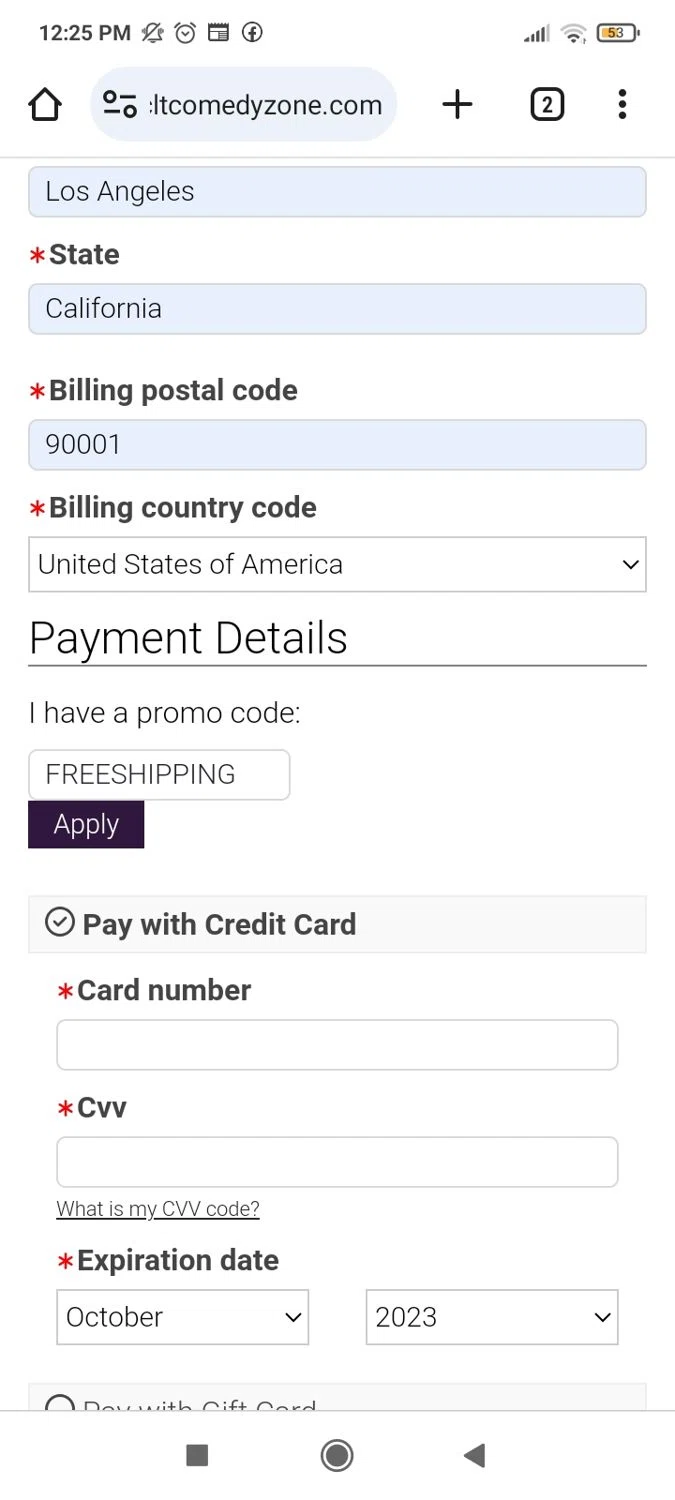 The Comedy Zone checkout page showing The Comedy Zone promo code box | Screenshot taken by SimplyCodes community member on Oct 18, 2023