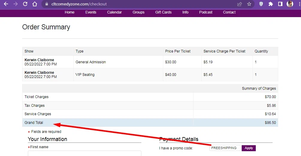 The Comedy Zone checkout page showing The Comedy Zone promo code box | Screenshot taken by SimplyCodes community member on May 13, 2022