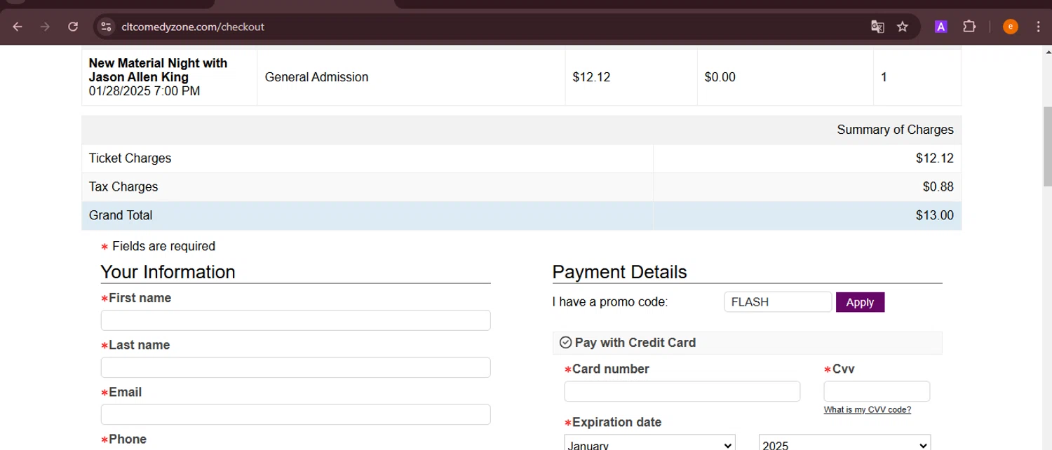 The Comedy Zone promo code screenshot showing code FLASH applied at The Comedy Zone checkout page. Uploaded by SimplyCodes community member NobleElite1598 on Jan 25, 2025