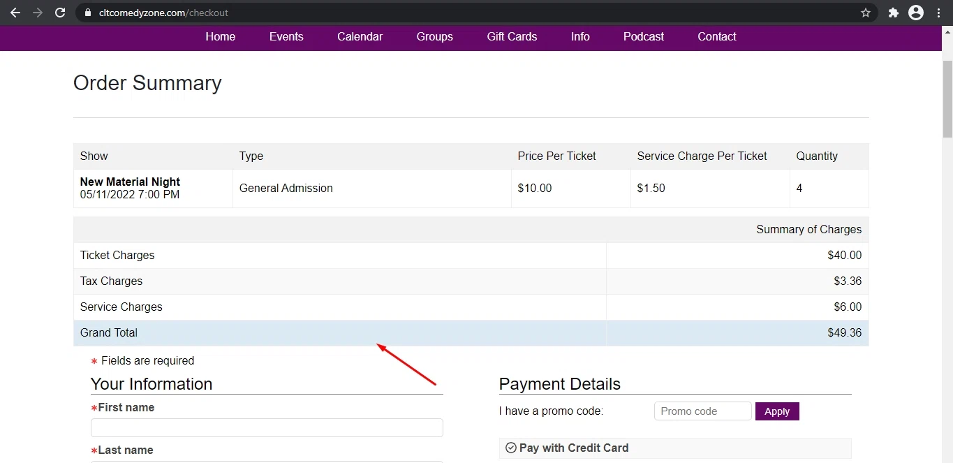 The Comedy Zone checkout page showing The Comedy Zone promo code box | Screenshot taken by SimplyCodes community member on May 10, 2022
