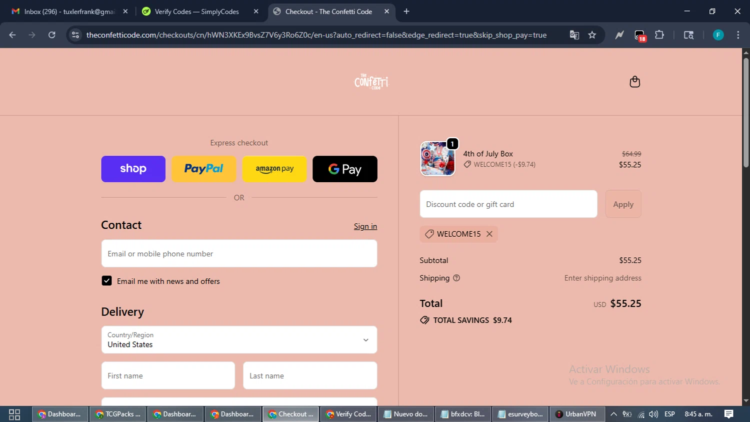 The Confetti Code promo code screenshot showing code WELCOME15 applied at The Confetti Code checkout page. Uploaded by SimplyCodes community member ShrewdTitan3233 on Sep 29, 2025