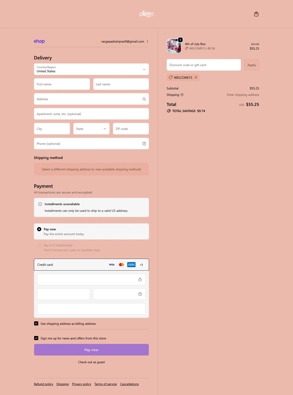 The Confetti Code promo code screenshot showing code WELCOME15 applied at The Confetti Code checkout page. Uploaded by SimplyCodes community member WladimirV on Dec 25, 2025