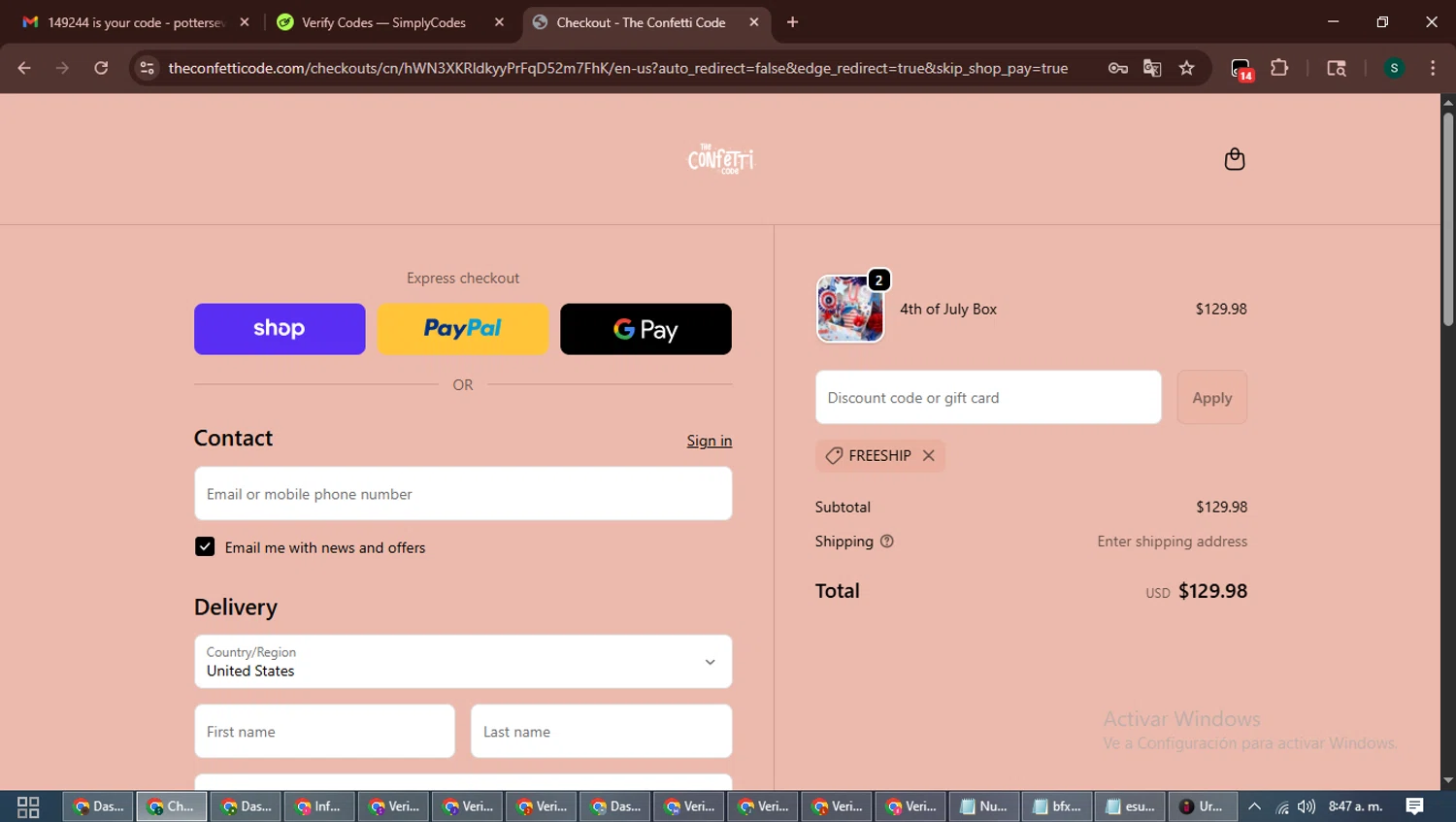 The Confetti Code promo code screenshot showing code FREESHIP applied at The Confetti Code checkout page. Uploaded by SimplyCodes community member ShrewdAce7935 on Sep 29, 2025
