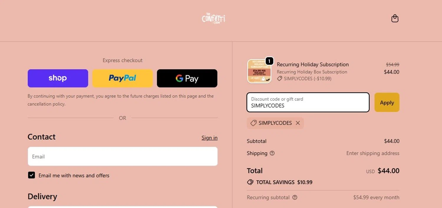 The Confetti Code promo code screenshot showing code SIMPLYCODES applied at The Confetti Code checkout page. Uploaded by SimplyCodes community member victorchacon on Sep 27, 2025