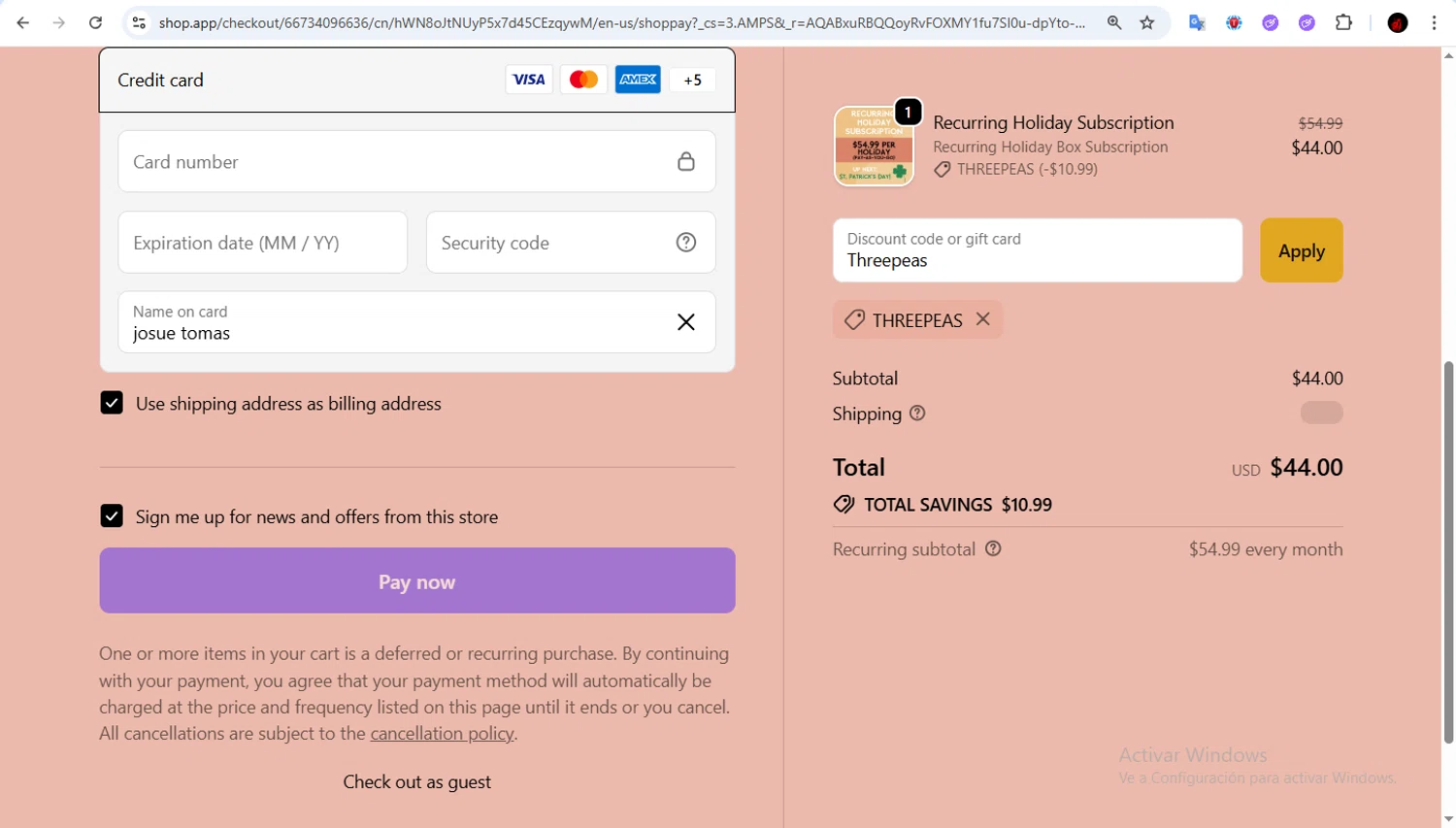 The Confetti Code promo code screenshot showing code Threepeas applied at The Confetti Code checkout page. Uploaded by SimplyCodes community member Francisco01 on Feb 15, 2026