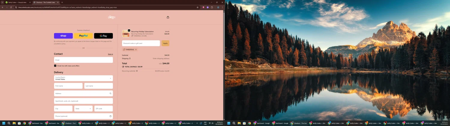 The Confetti Code promo code screenshot showing code Threepeas applied at The Confetti Code checkout page. Uploaded by SimplyCodes community member GloriousPioneer2942 on Oct 22, 2025