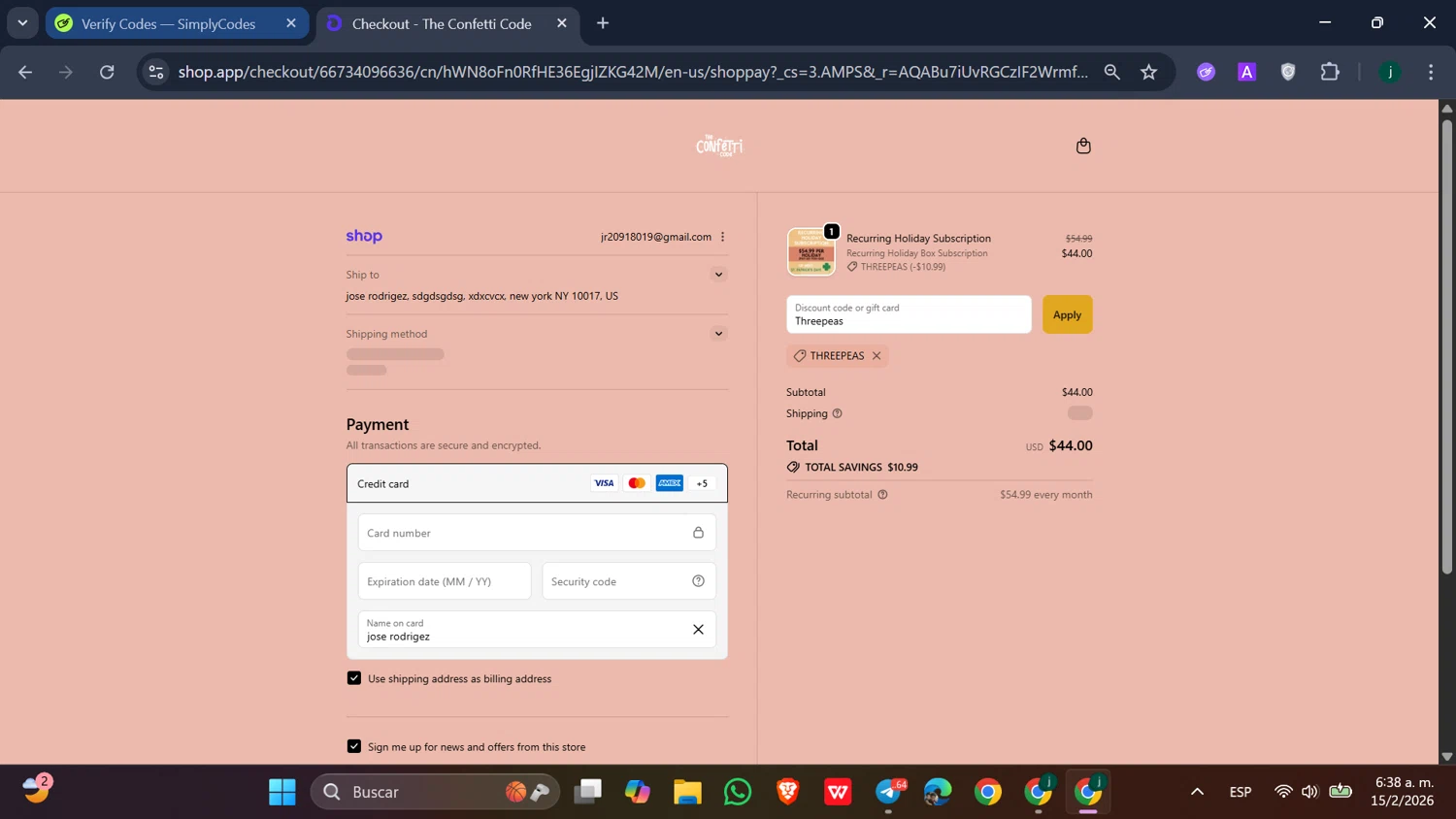 The Confetti Code checkout page showing The Confetti Code promo code box | Screenshot taken by SimplyCodes community member on Feb 15, 2026