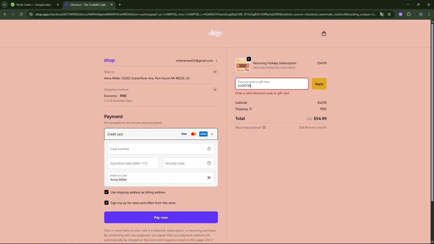 The Confetti Code promo code screenshot showing code LUCKY30 applied at The Confetti Code checkout page. Uploaded by SimplyCodes community member CouponAce2971 on Apr 4, 2026