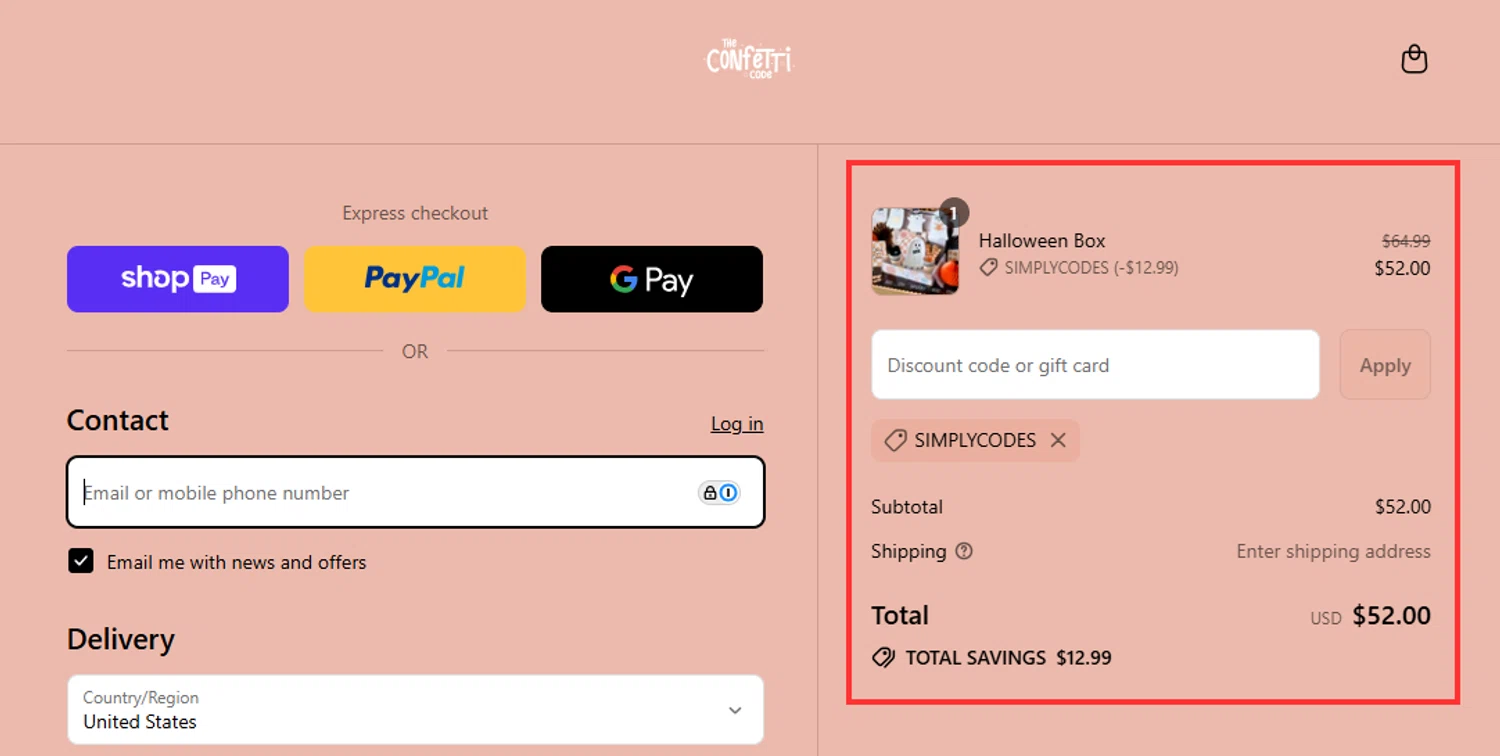 The Confetti Code promo code screenshot showing code SIMPLYCODES applied at The Confetti Code checkout page. Uploaded by SimplyCodes community member RebateHunter3112 on Aug 27, 2025