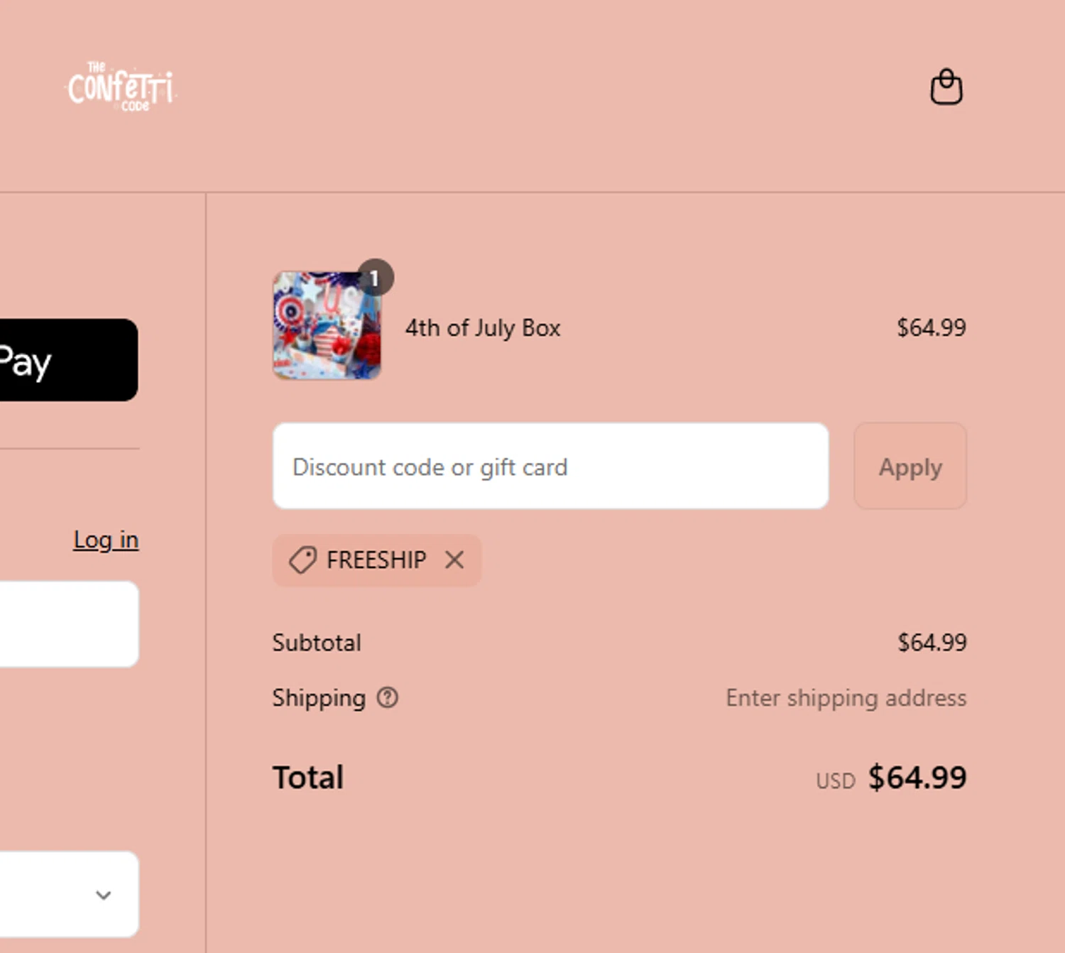 The Confetti Code promo code screenshot showing code FREESHIP applied at The Confetti Code checkout page. Uploaded by SimplyCodes community member aumentadax10 on Jul 4, 2025