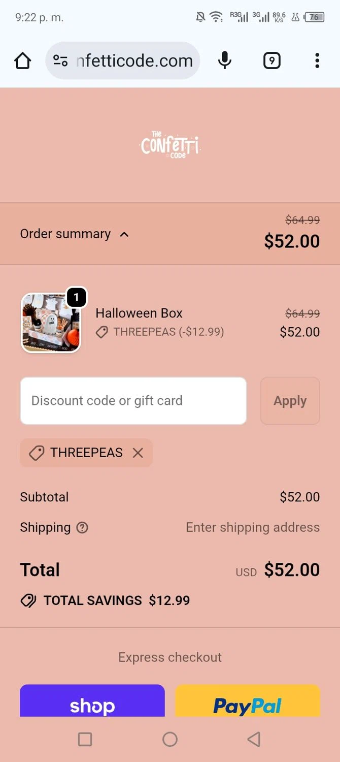 The Confetti Code promo code screenshot showing code Threepeas applied at The Confetti Code checkout page. Uploaded by SimplyCodes community member shark12 on Sep 23, 2025