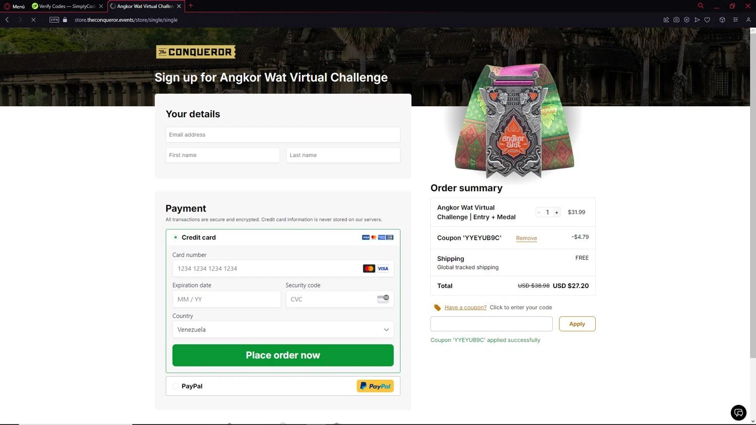 The Conqueror promo code screenshot showing code YYEYUB9C applied at The Conqueror checkout page. Uploaded by SimplyCodes community member BMO123 on Apr 25, 2025
