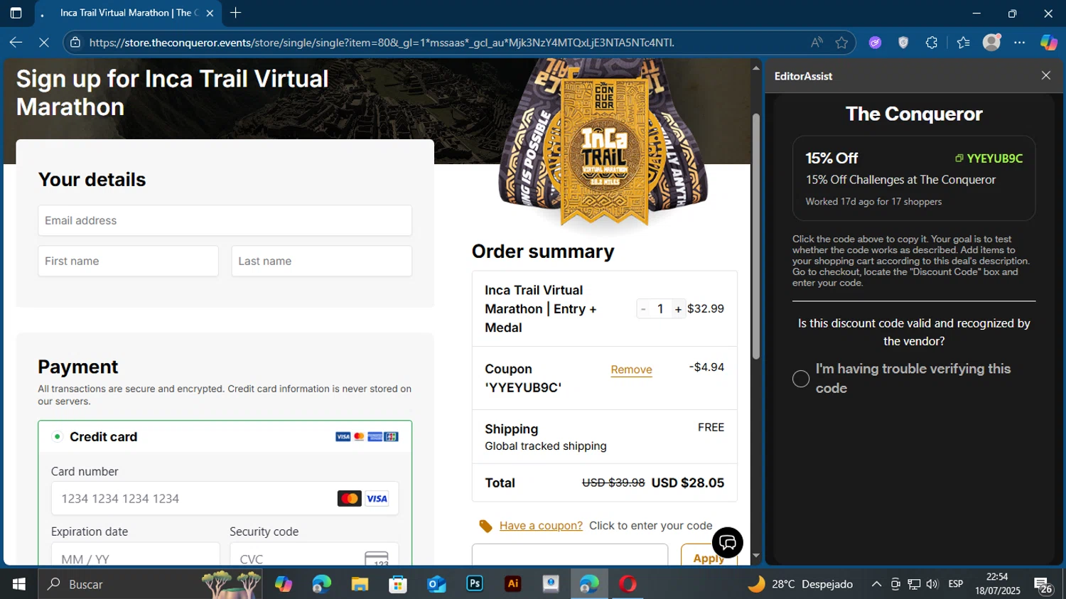 The Conqueror promo code screenshot showing code YYEYUB9C applied at The Conqueror checkout page. Uploaded by SimplyCodes community member TuAmigoRed on Jul 19, 2025