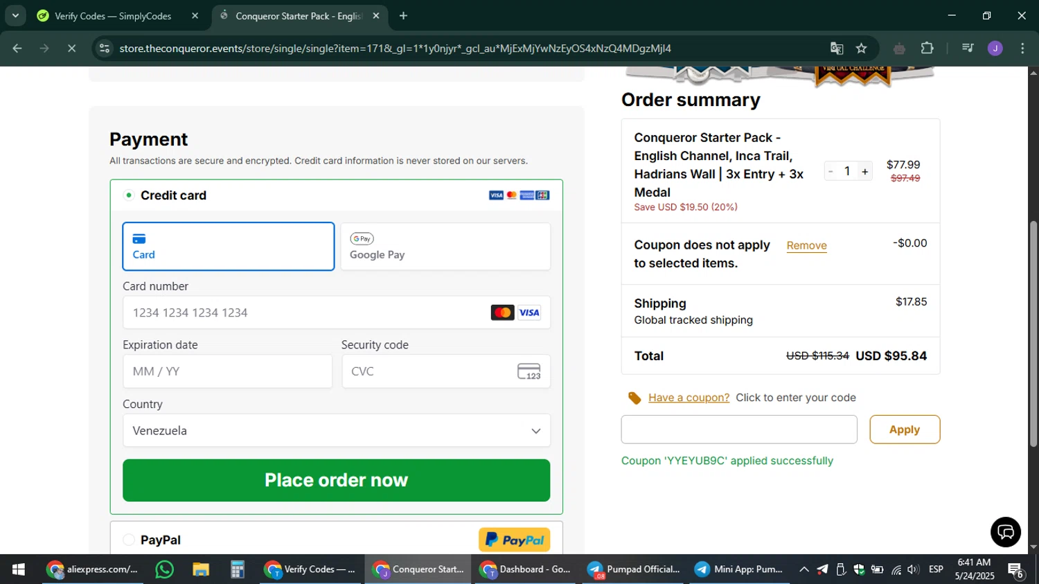 The Conqueror promo code screenshot showing code YYEYUB9C applied at The Conqueror checkout page. Uploaded by SimplyCodes community member sniderjack453 on May 24, 2025